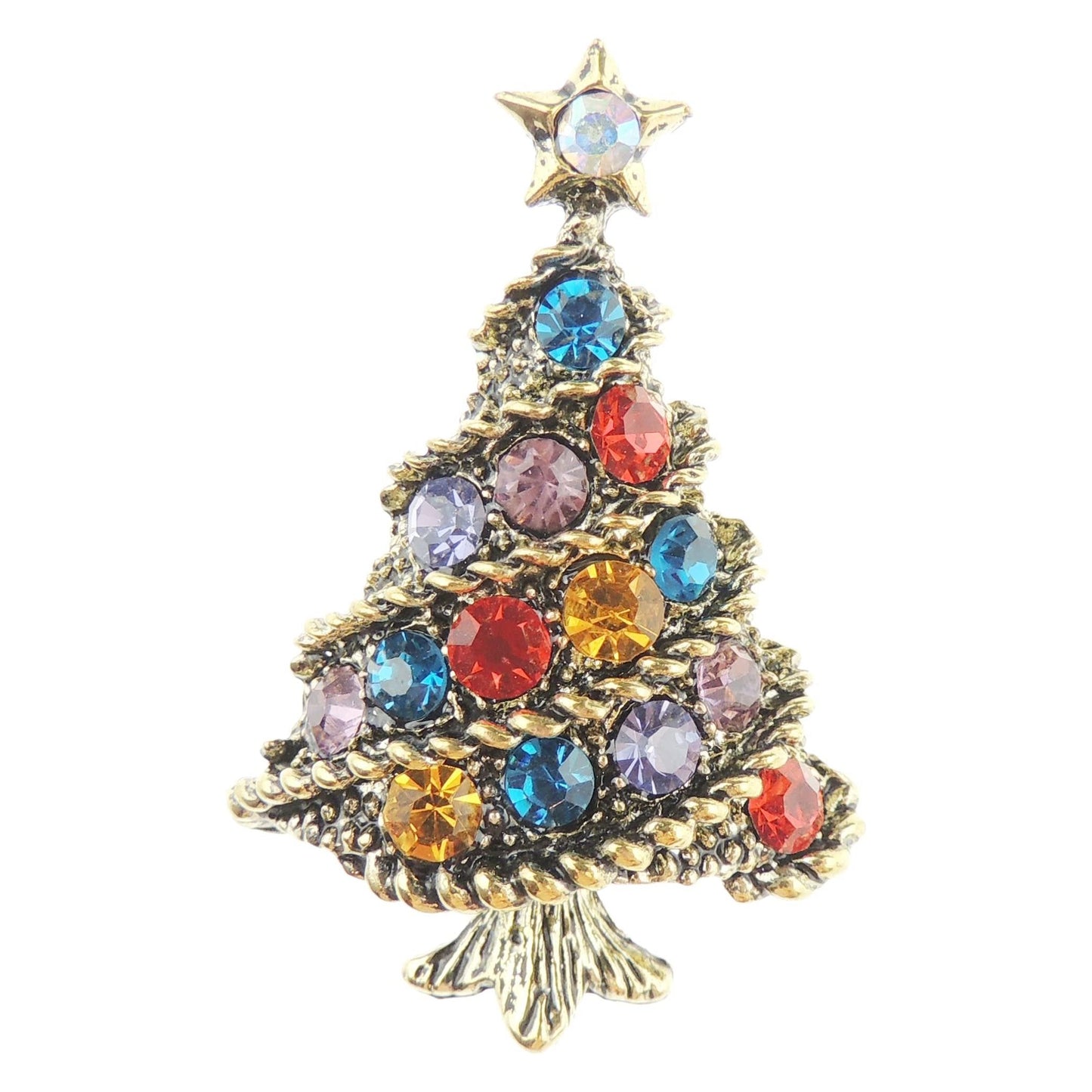 Ladies Crystal Diamante Colour Festive Swirly Christmas Tree Lapel Brooch (Old Gold Tone)