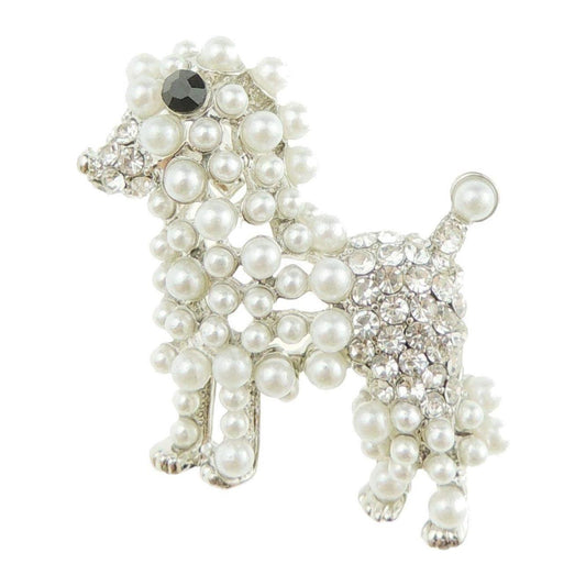 Men Women Vintage Look Bridal Wedding Dress Christmas Birthday Saree Scarf Lapel Diamante Diamonte Bling Crystal Rhinestone Brooch Badge Breastpin Corsage Gift Silver Tone Dog Poodle Puppy Faux Pearl