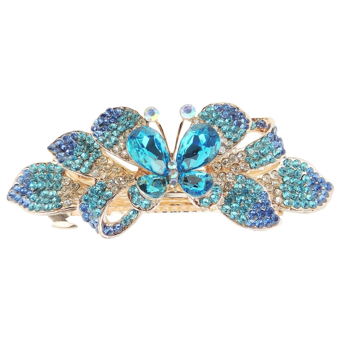 Ladies Diamante Crystal Rhinestone Gold Tone Metal Evening Occasion Hair Barrette Clip Butterfly (Turquoise)