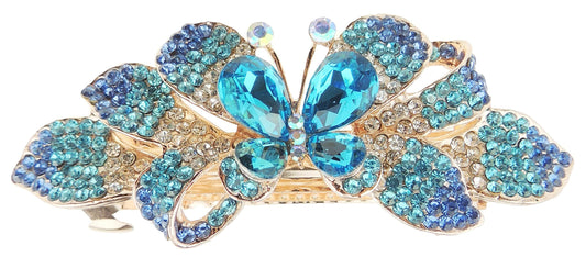 Ladies Diamante Crystal Rhinestone Gold Tone Metal Evening Occasion Hair Barrette Clip Butterfly (Turquoise)