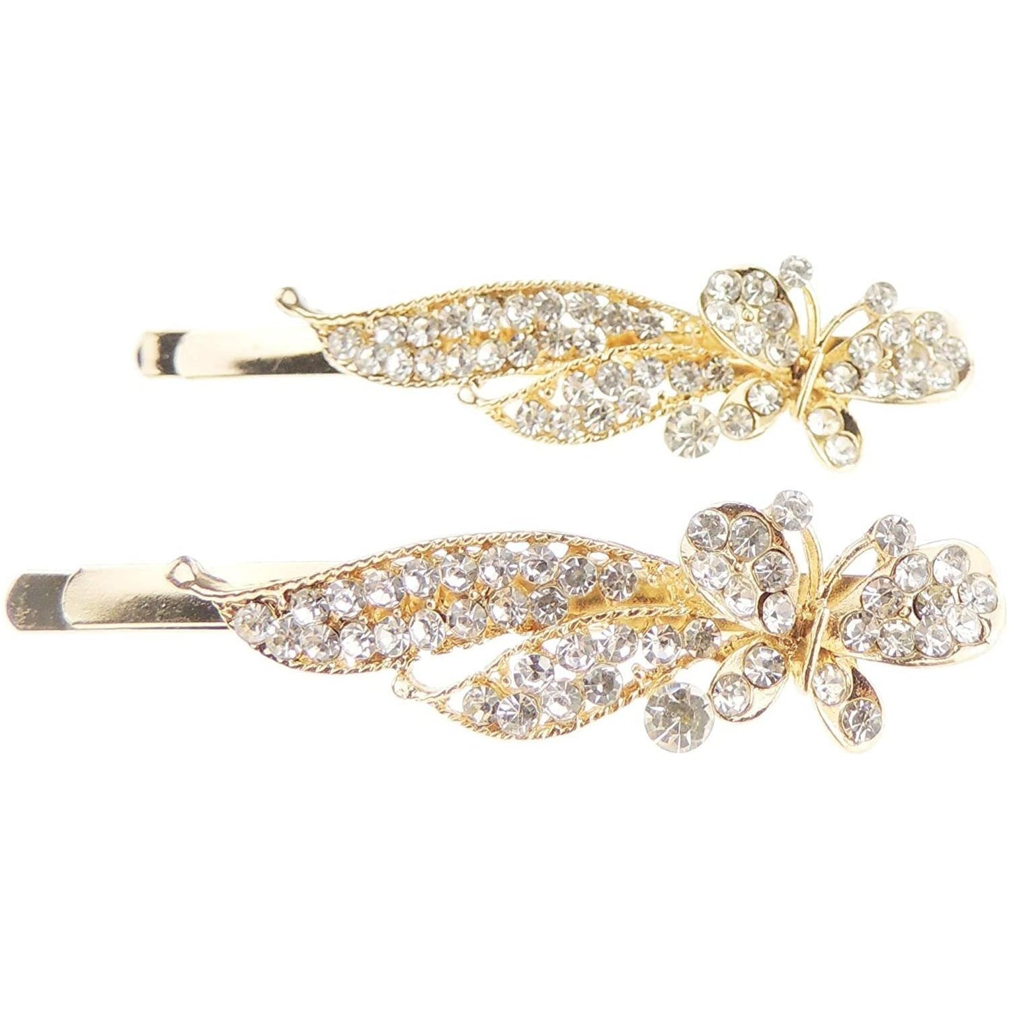 Ladies Evening Sparkly Crystal Diamante Clear Gold Tone Stone Pair of 2 Hair Grips Butterfly Swirls Waves