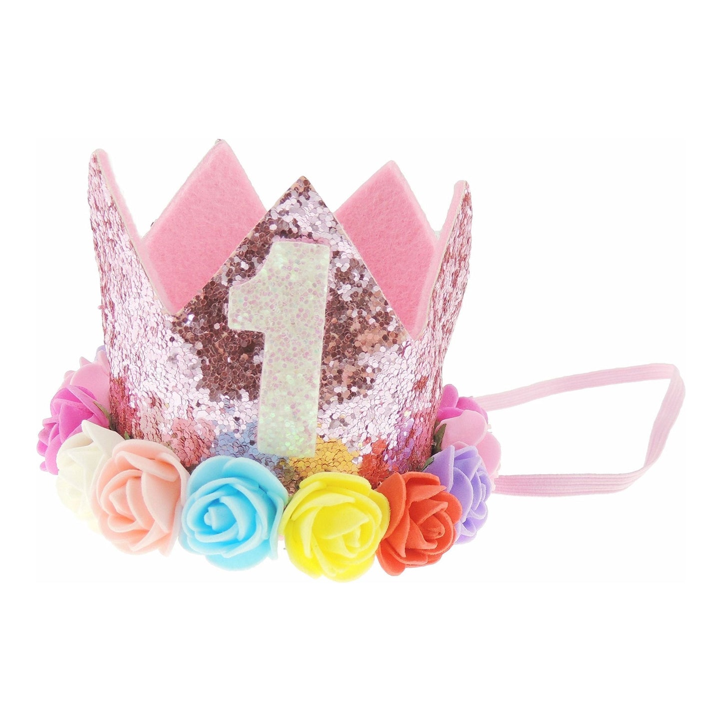 Adorable Baby Boys Girls Cat Dog Glitter 1st One Birthday Silver Gold Elasticated Crown With Roses