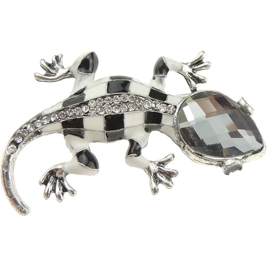 Mens Ladies Silver Tone Amphibian Lover Iguana Lizard Gecko Big Stone Brooch White Black