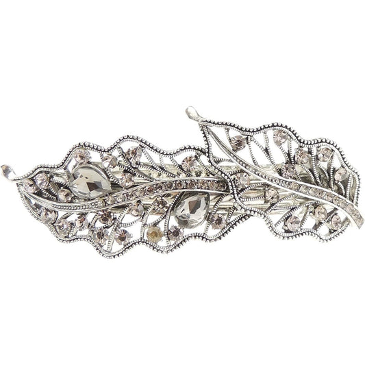 Ladies Vintage Look Silver Tone Metal Crystal Hair Barrette Stencil Leaves