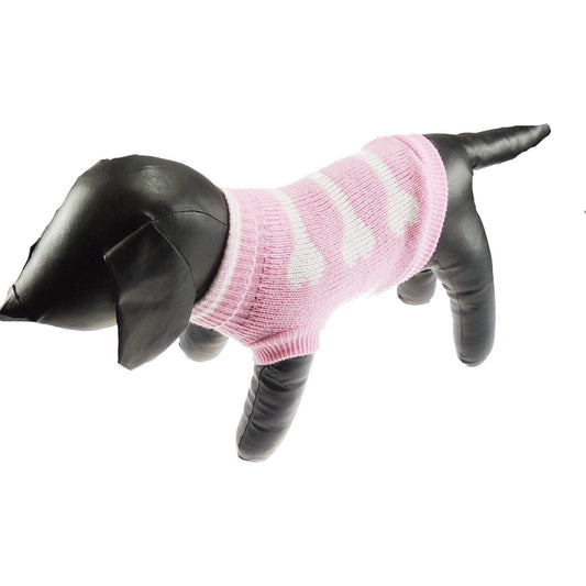 SMALL DOG BREED ONLY Cat Knit Pink & White Bone Roll Neck Girl Jumper Pink