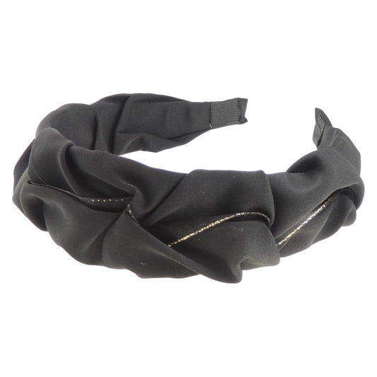 Ladies Black Gold Trim Rouched Gathered Wide Covered Headband Alice Band (Black)