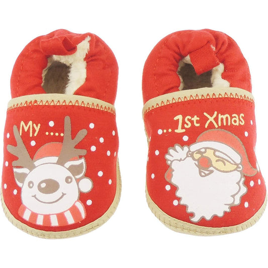 Baby Boys Unisex Girls Infant Newborn Babies Kids House Crib Pram Shoes Winter Fleece Warm Soft Sole Flats Slip On Party Booties Slippers Red Festive Christmas Red Reindeer Santa (12-15 Months)