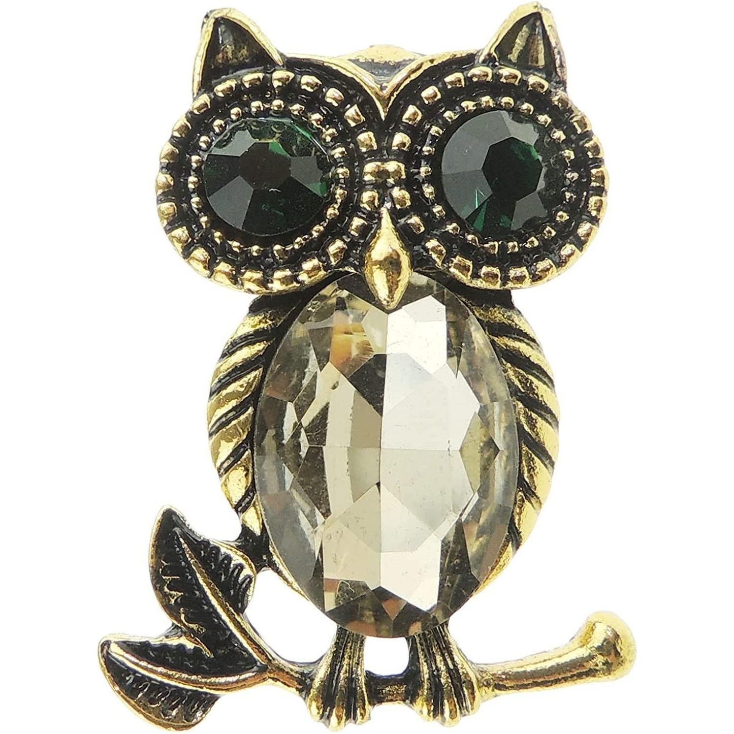 Ladies Mens Diamante Large Crystal Stone Owl On A Branch Bird Brooch Green Eyes