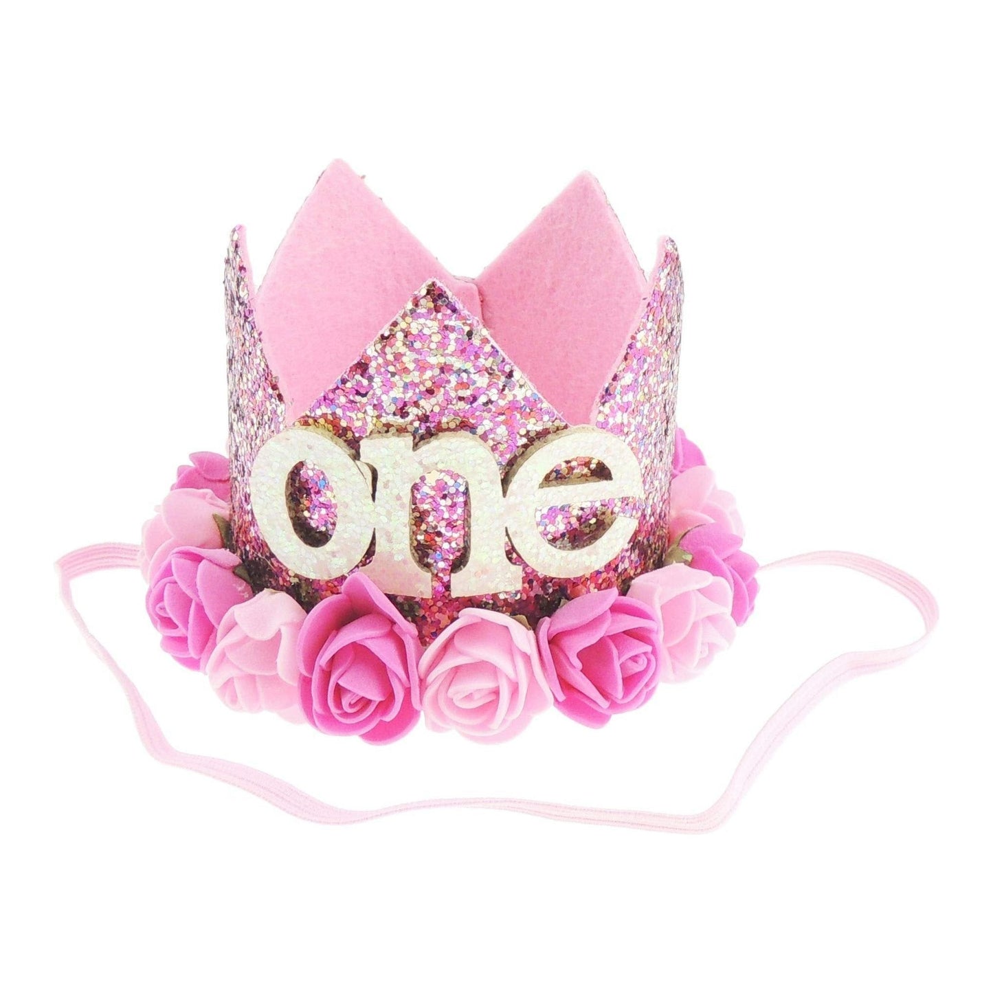 Adorable Baby Boys Girls Cat Dog Glitter 1st One Birthday Silver Gold Elasticated Crown With Roses