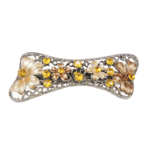 Womens Girls Crystal Rhinestone Diamante Wedding Birthday Party Evening Ponytail Fine Medium Hair Accessories Occasion Barrette Hairpin Grip French Spring Clip Vintage Look Silver Tone Floral Flower Enamel Bow