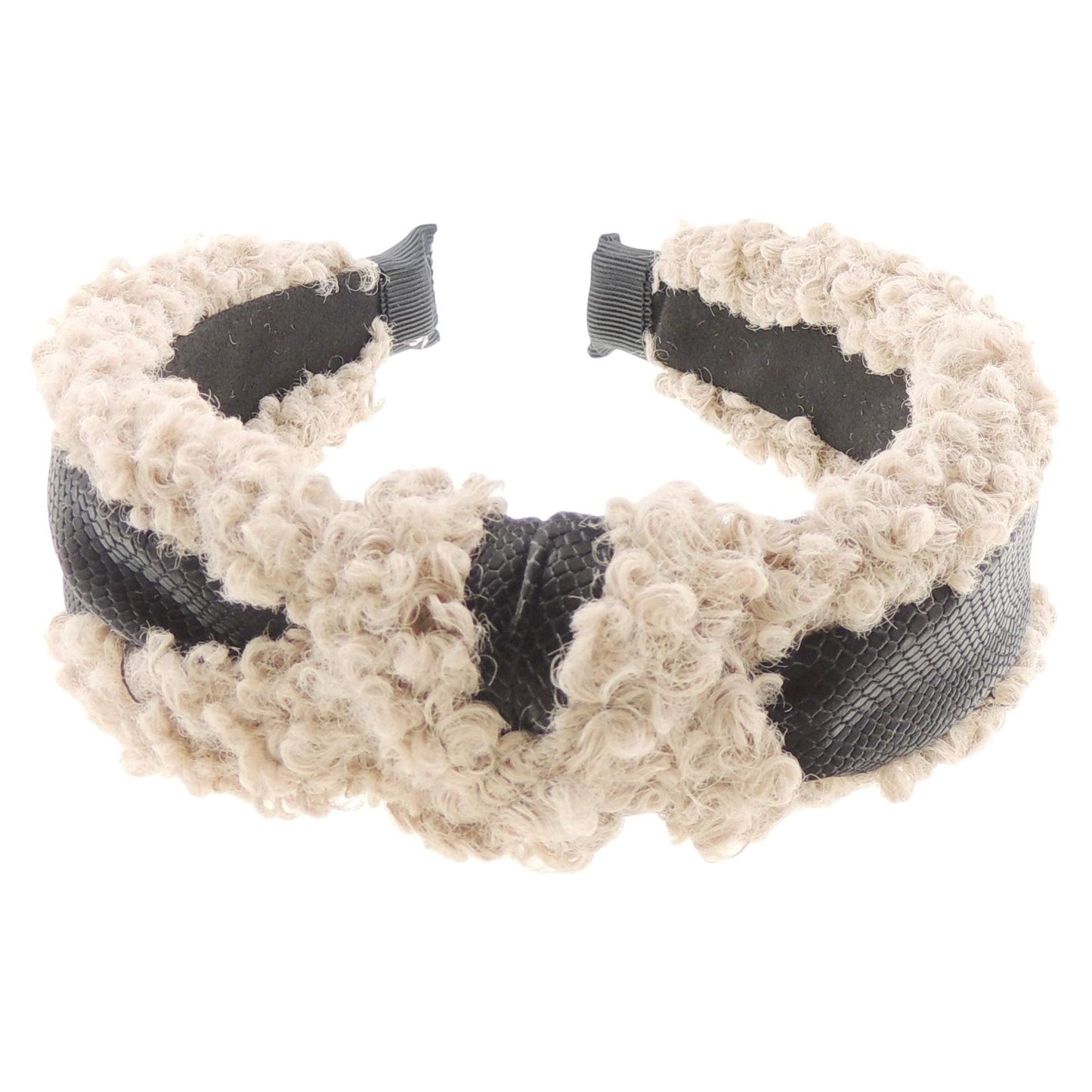 Ladies Soft Furry Fluffy Black Central Ribbon Trim Top Knot Headband Alice Band