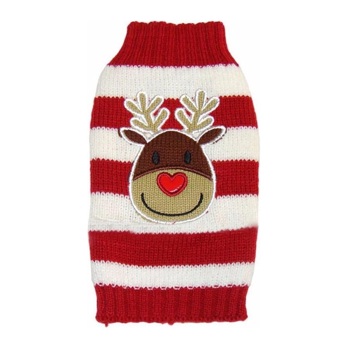 Festive Christmas Cute SMALL DOG ONLY Puppy Kitten Cat Outfit Warm Everyday Winter Girl Boy Jumper Coat Clothes Ideas Pullover Wooly Knitted Sweater Apparel Hoodie Red White Stripe Smiling Reindeer