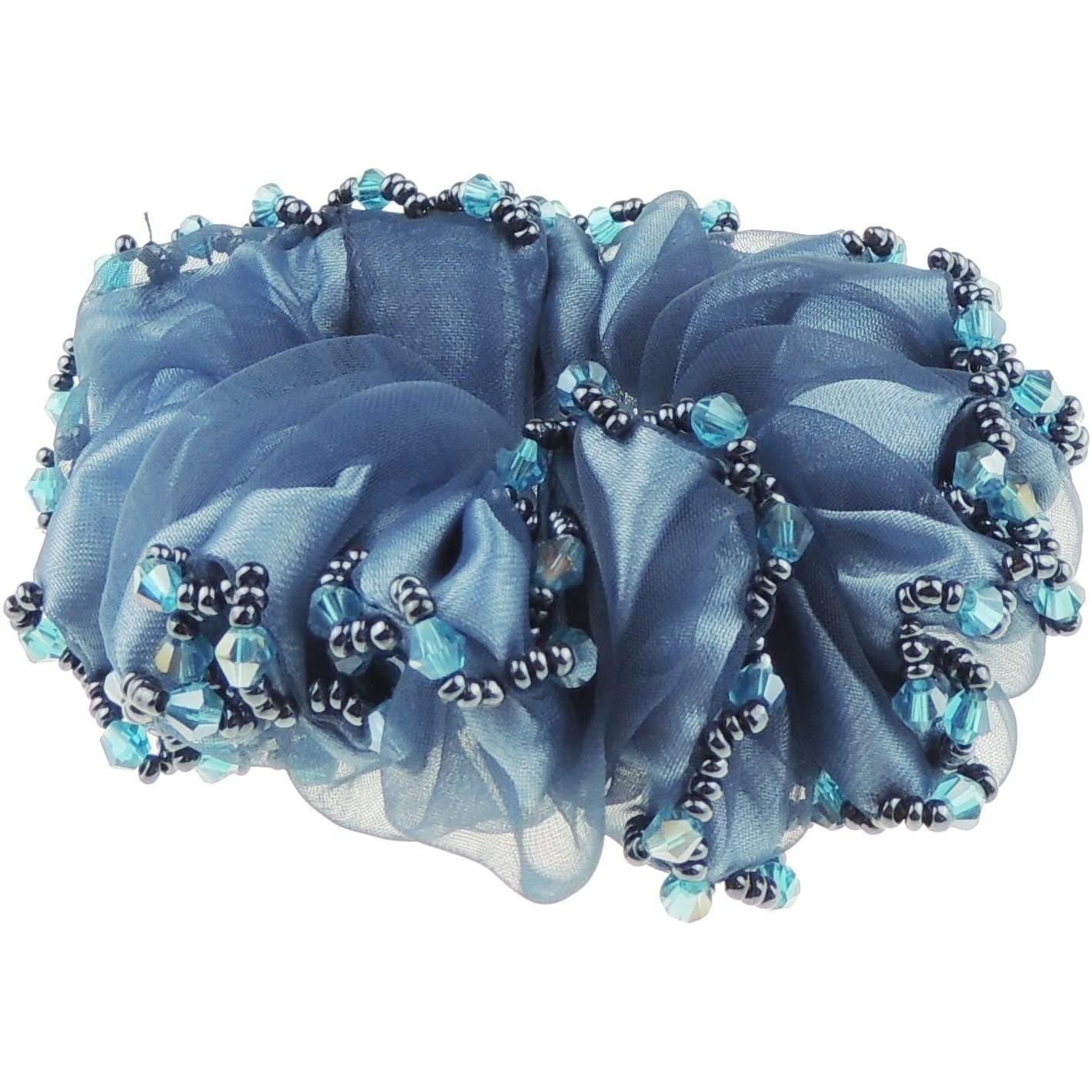 Womens Girls Essential Chiffon Beaded Floral Fabric Sleep Christmas Birthday Bridal Wedding Bridesmaid Party Ponio Hair Tie Up Back Elastic Accessories Bobbles Ponytail Holder Rubber Bands Scrunchie