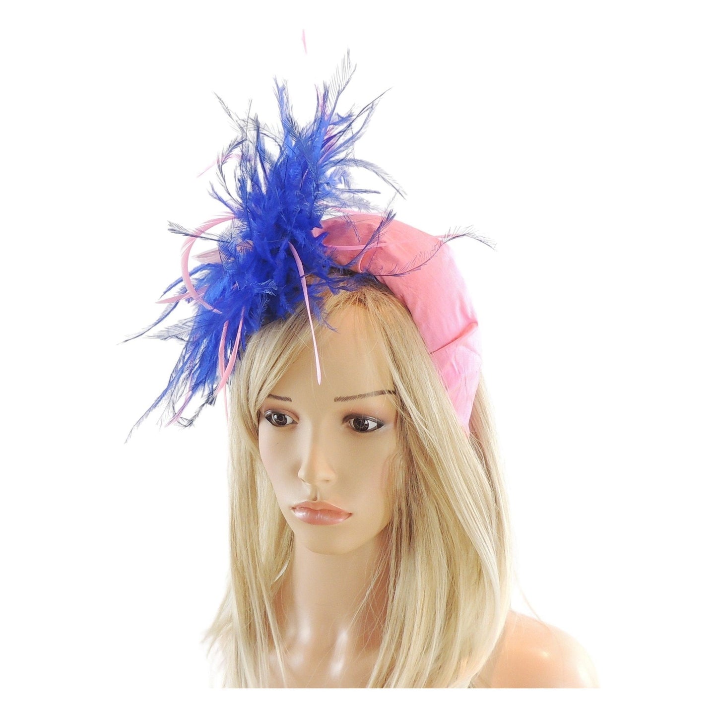 Royal Blue Hot Pink Extra Wide Feather Fascinator Ascot Hat Silk Puffy Matador Headband Alice Band  Headpiece Cocktail Tea Party Wedding