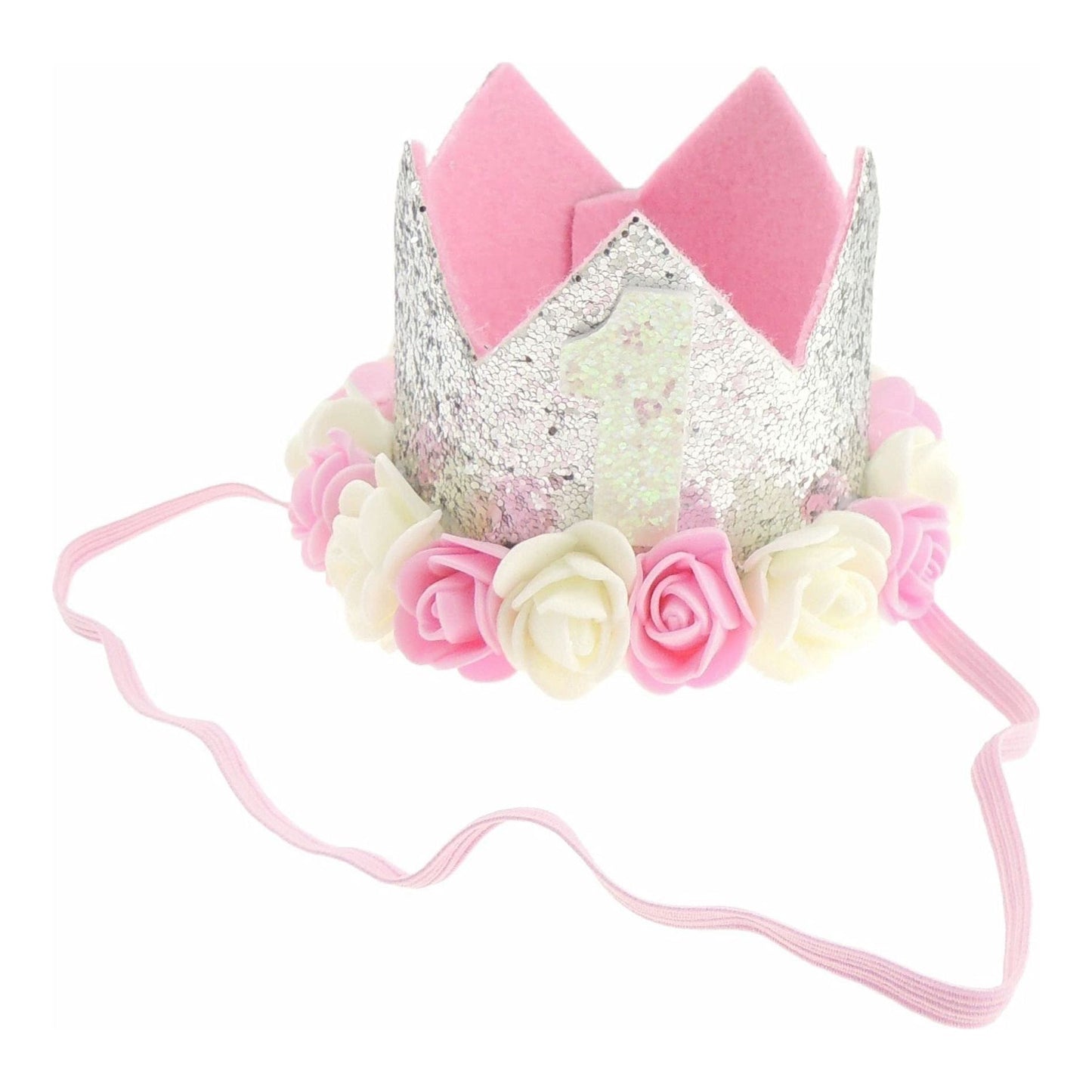 Adorable Baby Boys Girls Cat Dog Glitter 1st One Birthday Silver Gold Elasticated Crown With Roses