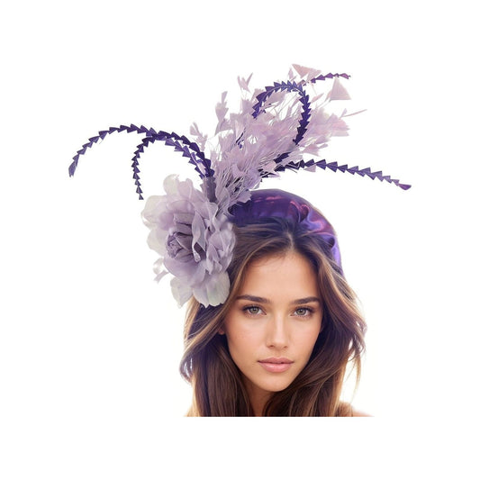 Purple Lilac Lavender Ascot Fascinator Hat Ivory Wide Padded Puffy Statement Feather Headband Derby Tea Party KY Church Halo Wedding Races