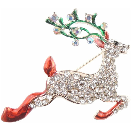 Ladies Festive Crystal Diamante Christmas Silver Tone Brooch Leaping Reindeer