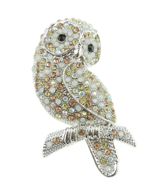 Crystal Rhinestone Diamante Wedding Guest Christmas Birthday Gift Boxed Bird Wildlife Lover Fashion Badge Scarf Dress Lapel Men Women Brooch Pin Silver Tone Sitting Barn Tawny Owl On Branch Gold