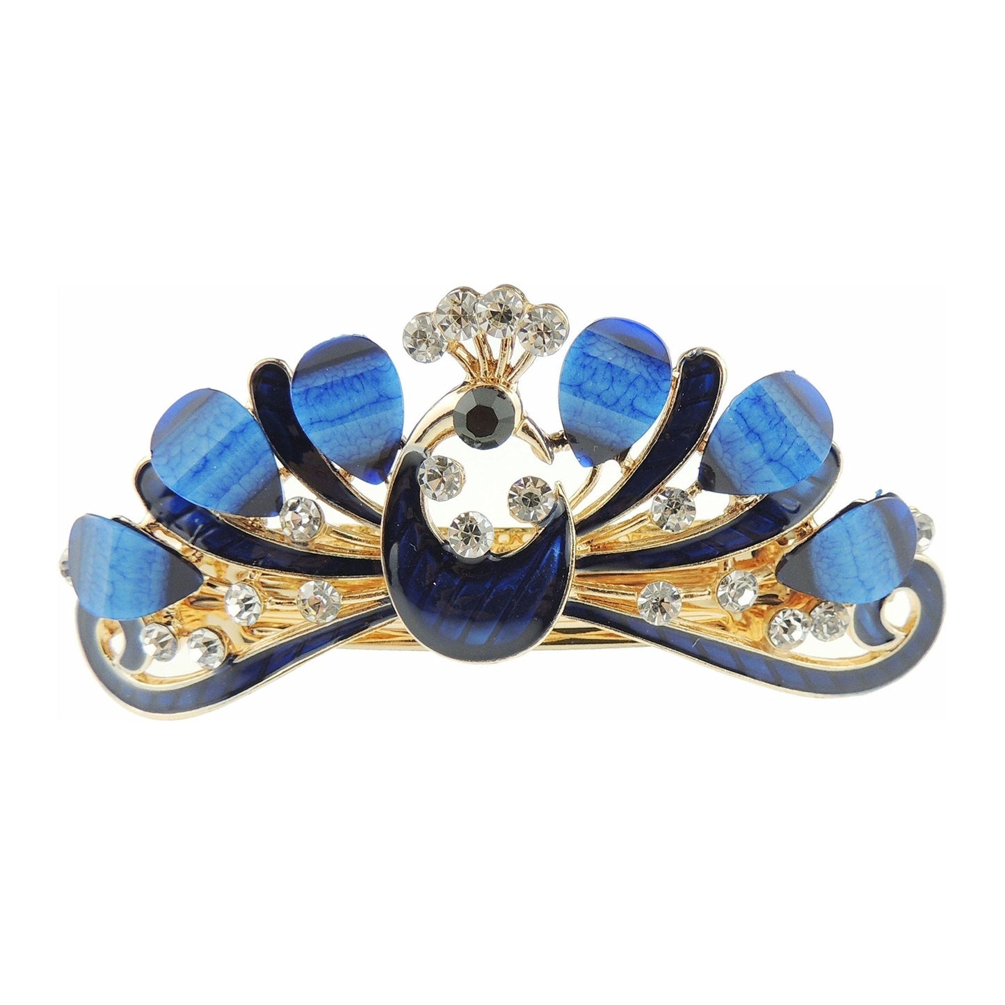 Ladies Enamel & Diamante Evening Occasion Stencil Hair Barrette Clip Peacock Spread Feathers