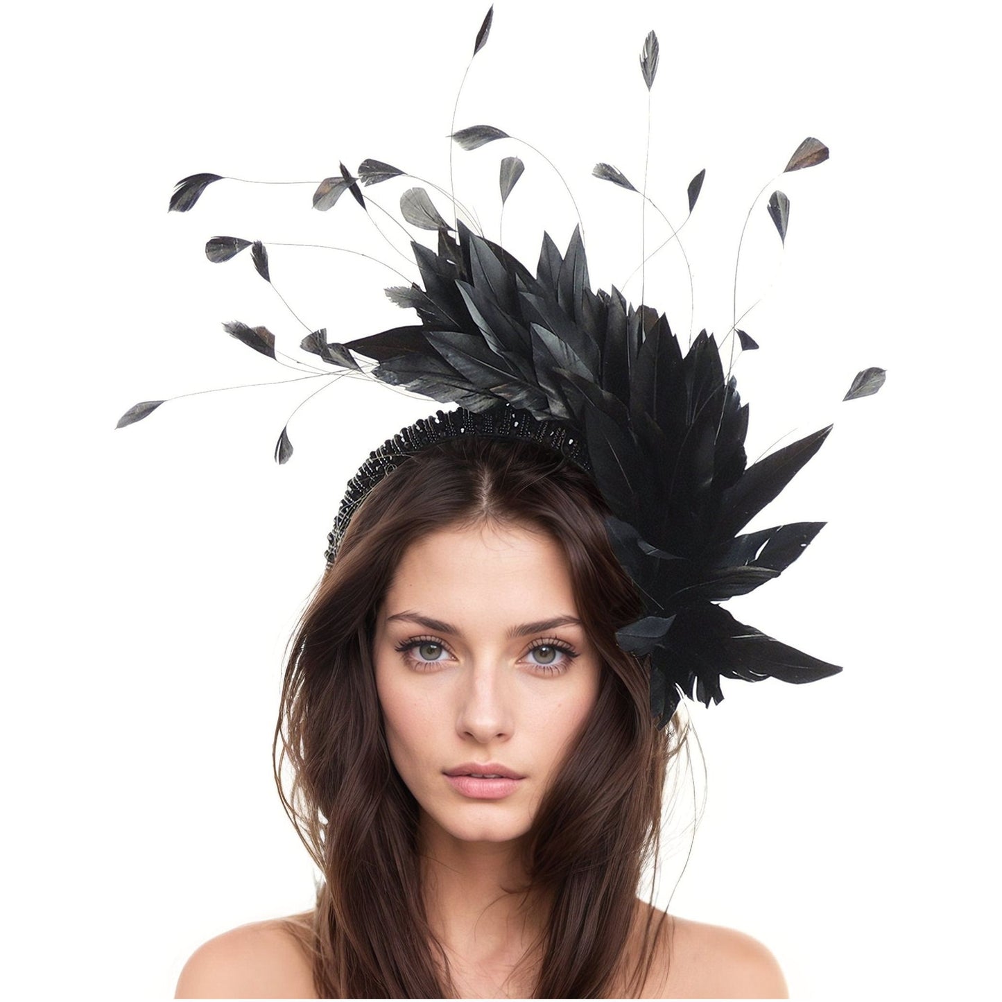 Black Crystal Feather Derby Fascinator Hat Padded Headband  Wedding Cocktail Tea Party Ascot Ladies Kentucky Formal Occasion Races Woman KY