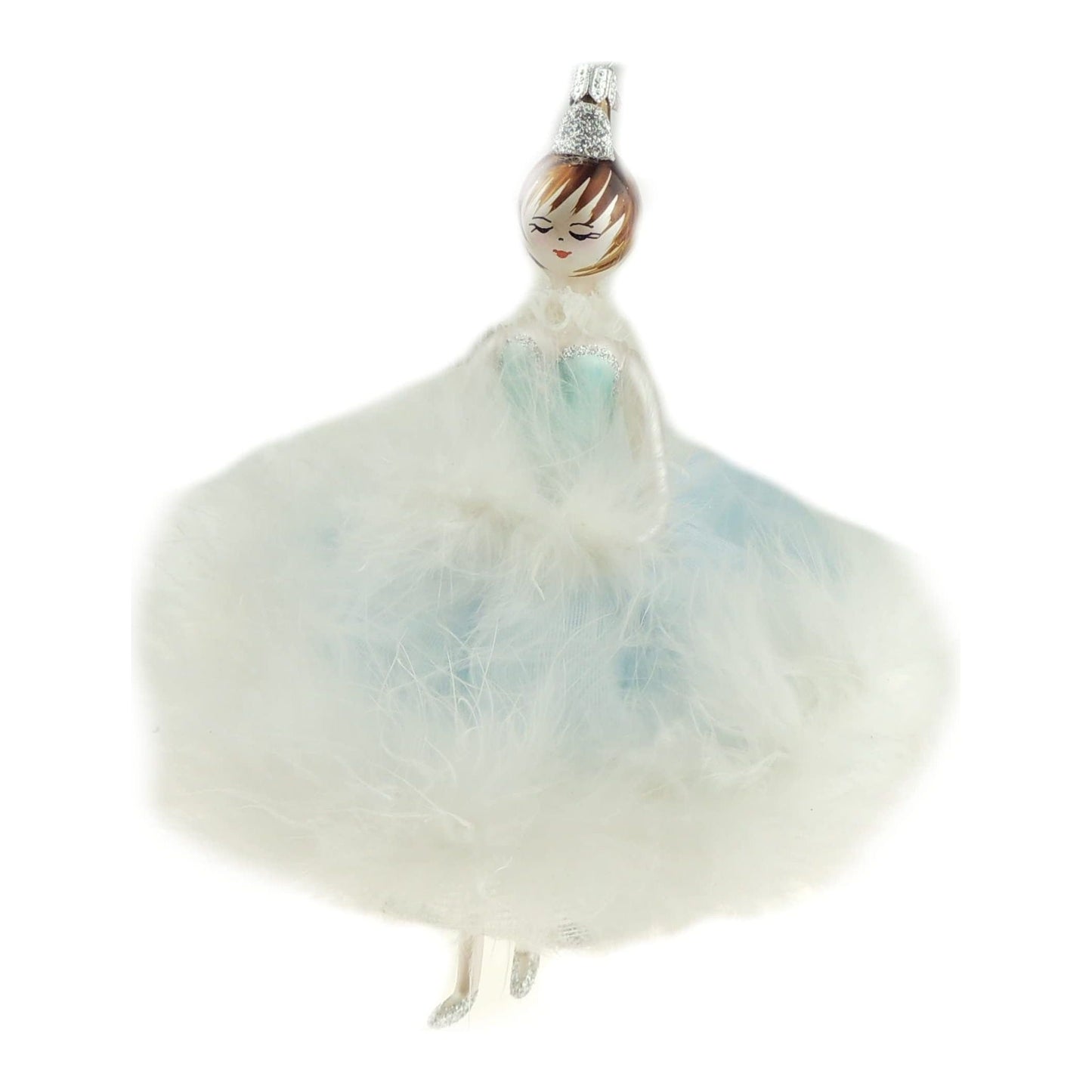 Italian Hand Blown Glass Keepsake Christmas Tree Ornament Bauble Blue White Feather Fairy Lady