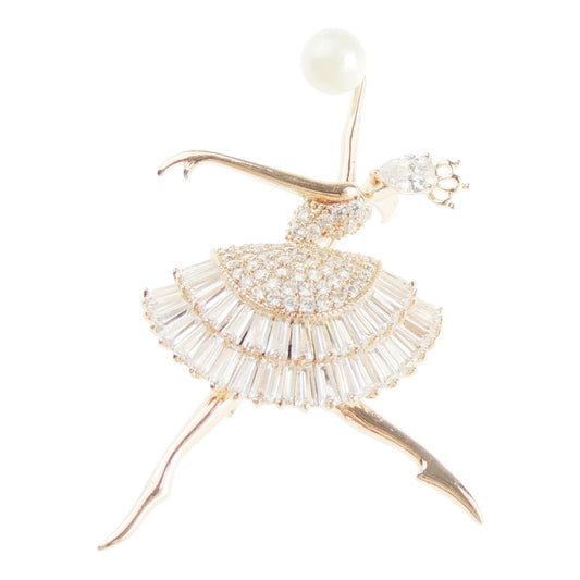 Diamante Crystal Rhinestone Faux Pearl Fairy Dancer Ballerina Badge Brooch (Gold Tone)