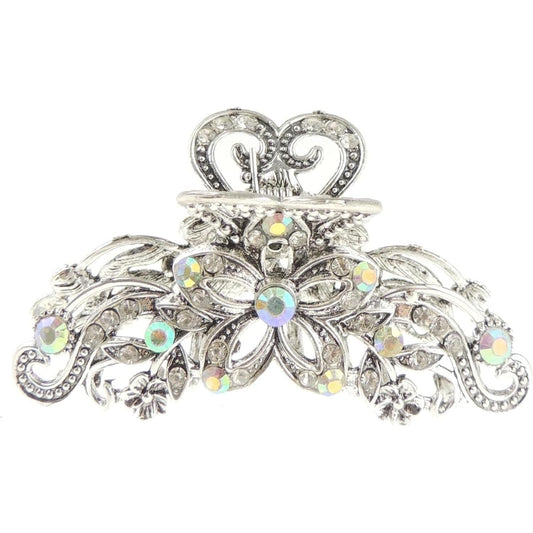 Womens Metal Wedding Rhinestone Crystal Bridal Bride Party Prom Strong Silver Tone Vintage Look Rose Flower Floral Hair Up Do Octopus Bulldog Crab Styling Claw Grip Clamp Clip AB Clear