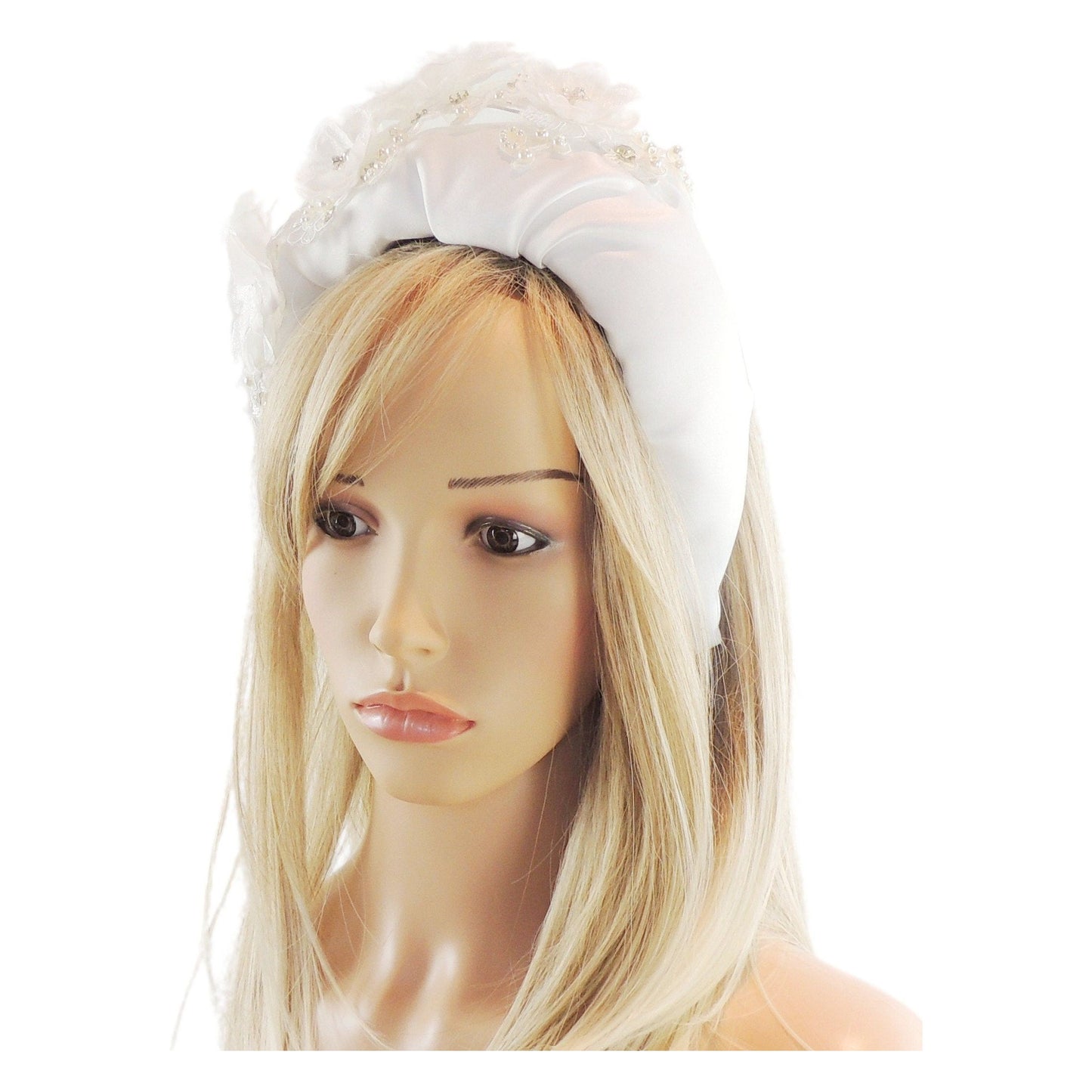 White Statement Oversized Wide Bridal Padded Satement Wedding Duchess Satin Headband Faux Pearls Embroidery Halo Modern Bride Headpiece