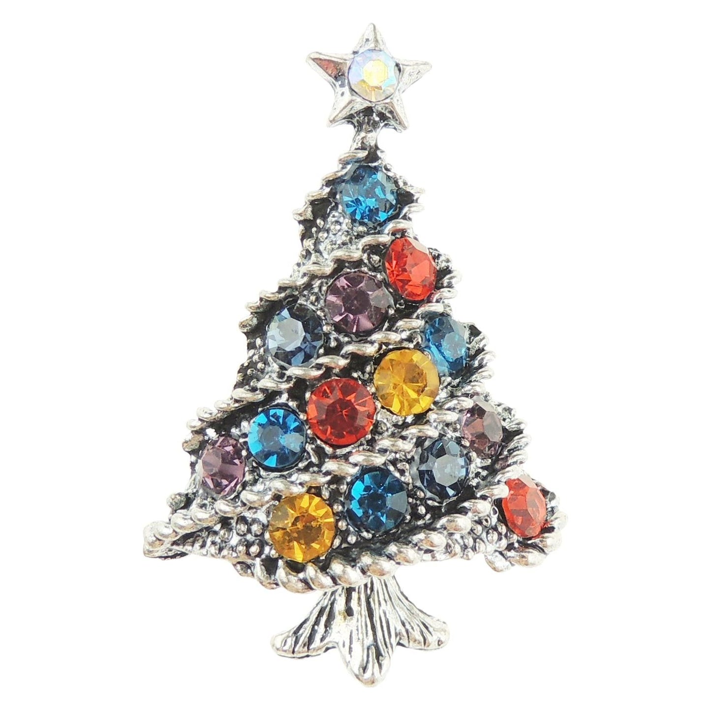 Ladies Crystal Diamante Colour Festive Swirly Christmas Tree Lapel Brooch (Old Gold Tone)