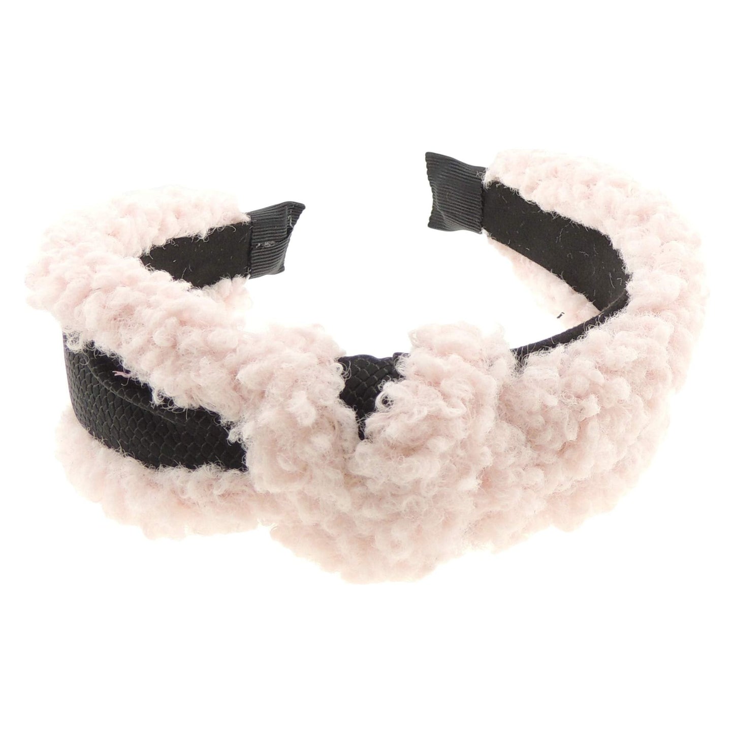 Ladies Soft Furry Fluffy Black Central Ribbon Trim Top Knot Headband Alice Band