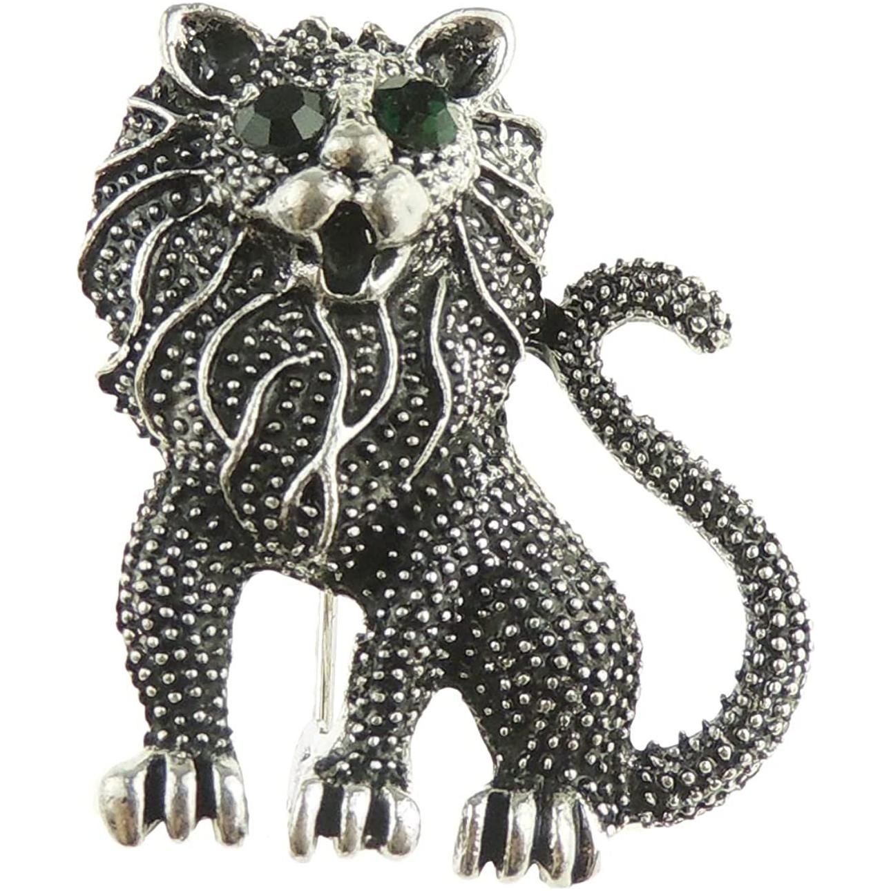 Ladies Mens Small Dark Grey Brooch Roaring Lion Green Eyes