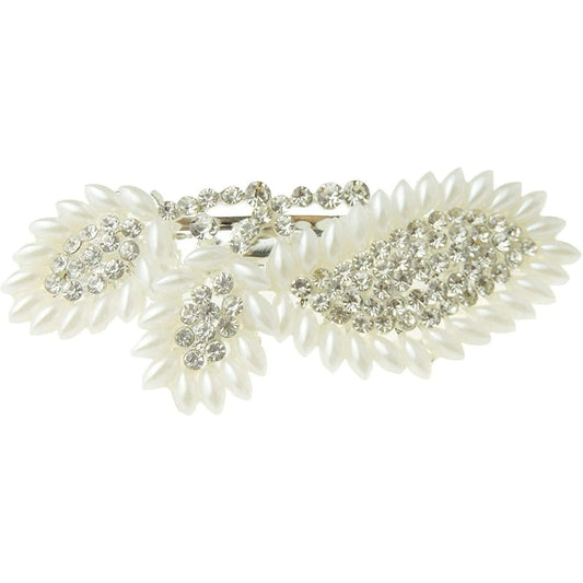 Ladies Bridal Formal Tie Silver Tone Crystal Faux Pearl Diamante Hair Barrette Bow Flower