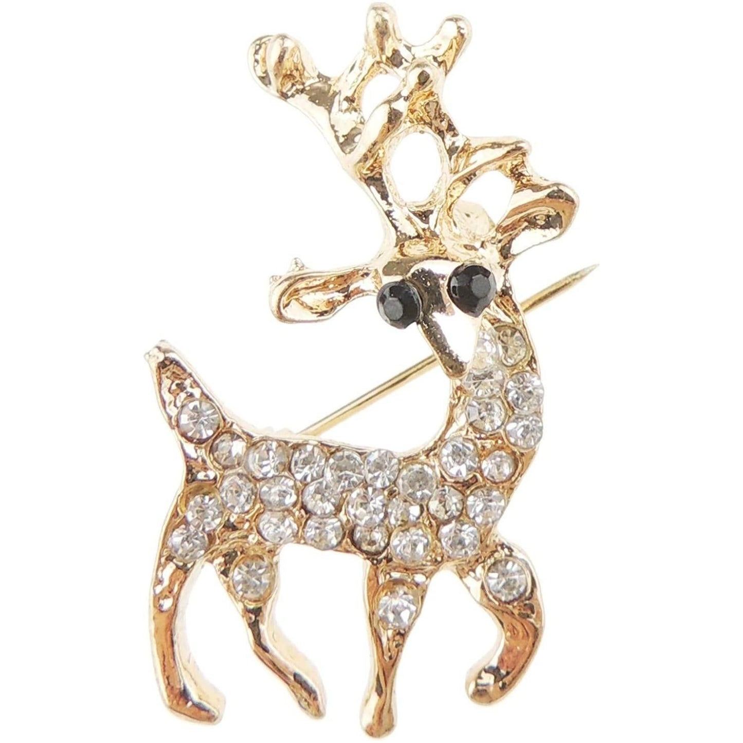 Small Festive Reindeer Stag Gold Tone Crystal Diamante Christmas Brooch