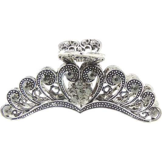 Ladies Grey Metal Crystal Rhinestone Diamante Large Narrow Hair Claw Clamp Clip Swirly Scroll Heart