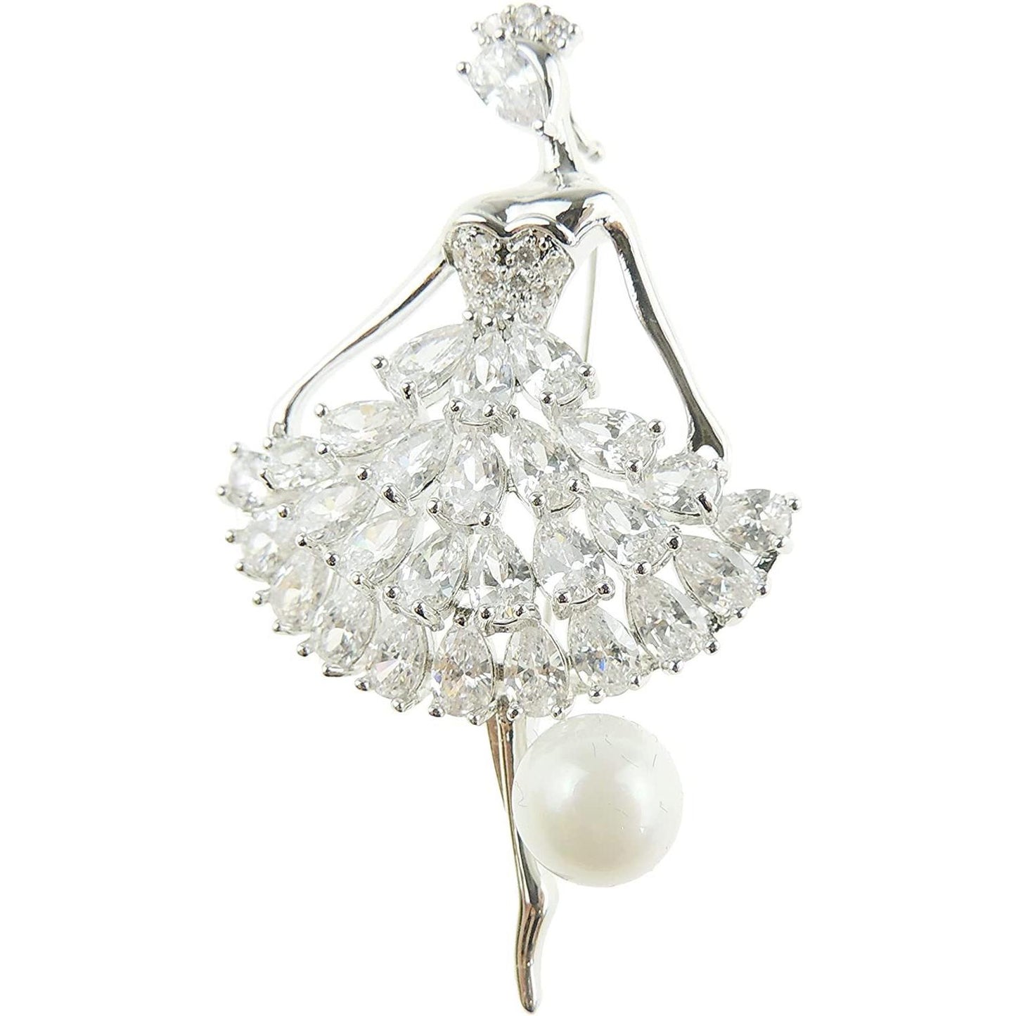 Ladies Beautiful Crystal Diamante Faux Pearl Ball Evening Lapel Brooch Dancing Lady Ballerina Tutu