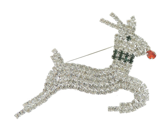 Festive Christmas Xmas Gift Coat Scarf Coat Jacket Shawl Scarf Diamante Rhinestone Crystal Brooch Badge Breastpin Corsage Pin Xmas Gift Boxed Silver Tone Leaping Reindeer