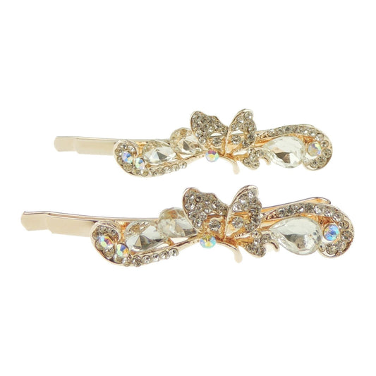 Ladies Girls Pair Of Sparkly Crystal 6cm Hair Grips Butterfly Swirly