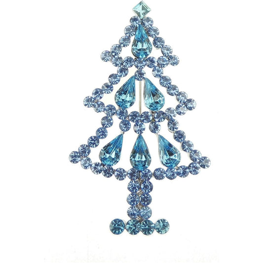 Ladies Men's Extra Sparkly Diamante Crystal Christmas Lapel Brooch Pin Silver Tone Christmas Tree Blue