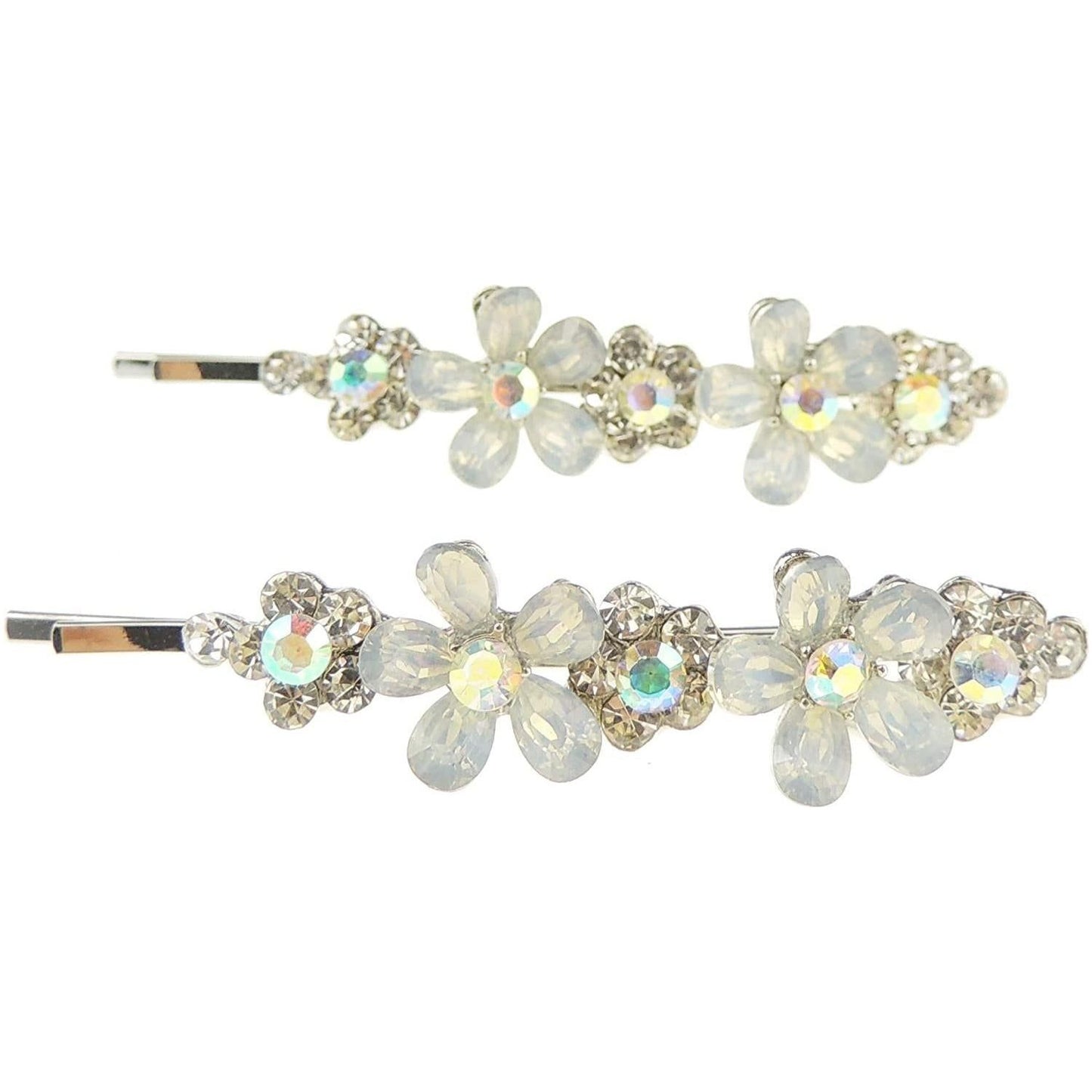 Womens Girls Sparkly Bow Rhinestone Jeweled Crystal Diamante Party Birthday Christmas Bridal Wedding Accessories Slides Hairpin Hair Clips Grips Bobby Pins SIlver Tone Set of 2 Daisy Flowers