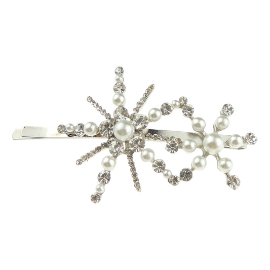 Ladies Sparkly SIlver Tone Faux Pearl Crystal Snowflake Star Diamante Crystal Girls Party Christmas Bridal Wedding Accessories Slides Hairpin Hair Clips Grips Bobby Pins Clip Barrette Slide Large