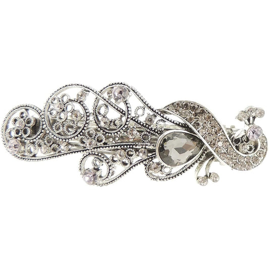 Ladies Vintage Look Dark Silver Tone Metal Crystal Hair Barrette Peacock