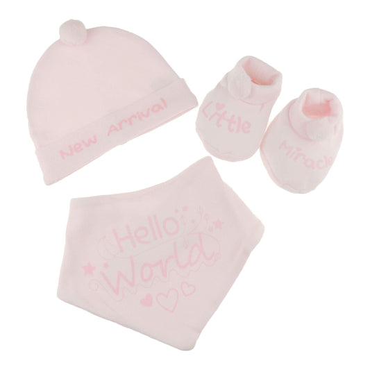 Cute Baby Girls Babies Infants Newborn Cotton Shower Christmas Gift Cotton Cot Crib Pram Hospital Knot Knotted Beanie Cap Hat Feeding Dribble Bib Booties Bootees Socks 0 3 Months 3 Piece Set (Pink)