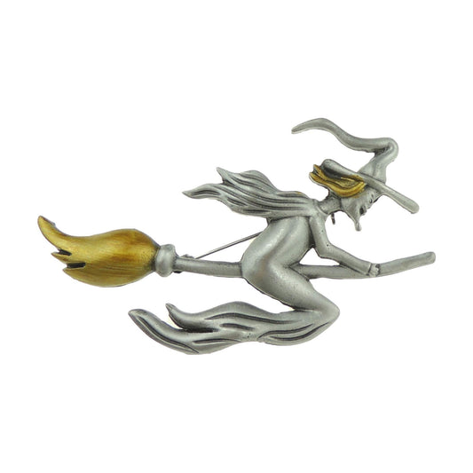 Ladies Mens Large Witch Riding Broomstick Matte Silver Tone Metal Halloween Brooch