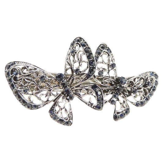 Vintage Look Womens Girls Crystal Rhinestone Diamante Wedding Bridal Party Evening Ponytail Fine Hair Accessories Occasion Barrette Hairpin Grip French Metal Spring Clip Silver Tone Butterflies Blue