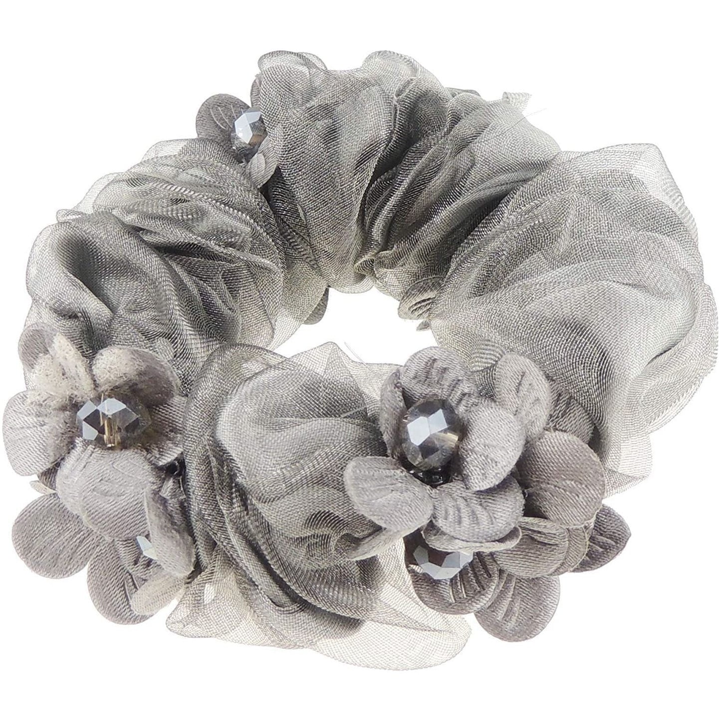 Womens Girls Essential Chiffon Beaded Floral Fabric Sleep Christmas Birthday Bridal Wedding Bridesmaid Party Ponio Hair Tie Up Back Elastic Accessories Bobbles Ponytail Holder Rubber Bands Scrunchie