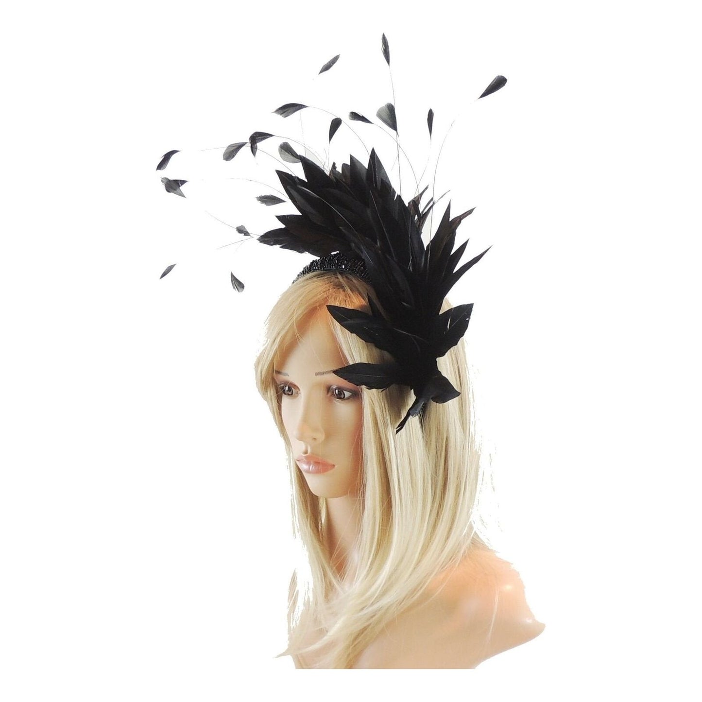 Black Crystal Feather Derby Fascinator Hat Padded Headband  Wedding Cocktail