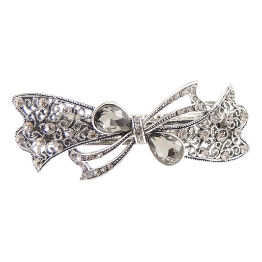 Womens Girls Vintage Look Crystal Rhinestone Diamante Wedding Birthday Party Evening Ponytail Fine Medium Hair Accessories Occasion Barrette Hairpin Silver Tone Metal French Spring Clip Ribbon Bow