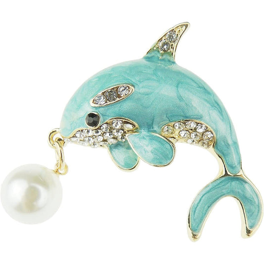 Ladies Enamel Diamante Crystal Faux Pearl Dolphin Orca Whale Lapel Brooch