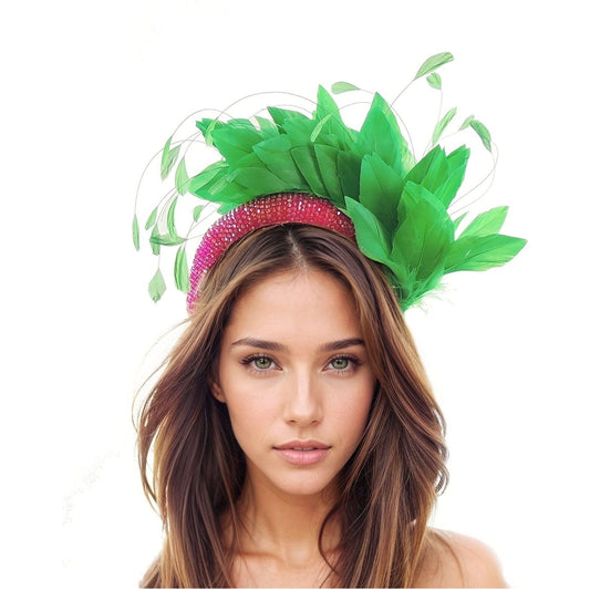 Emerald Grass Green Hot Pink Crystal Derby Fascinator Hat Feather Padded