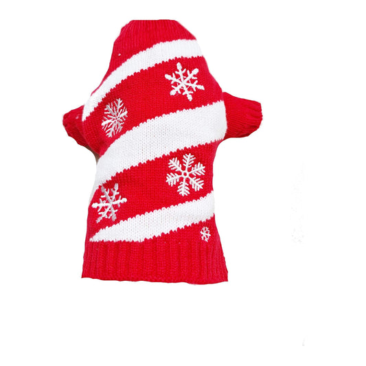 Festive Christmas Cute SMALL DOG ONLY Puppy Kitten Cat Outfit Warm Everyday Winter Girl Boy Jumper Coat Clothes Ideas Pullover Wooly Knitted Sweater Apparel Hoodie Red White Snowflakes Stripes S